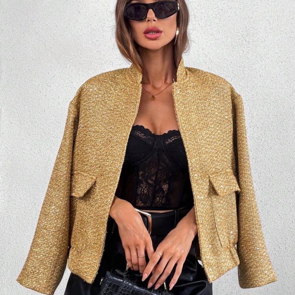 Elegant Gold Women's Jacket with shiny sequin embellishment